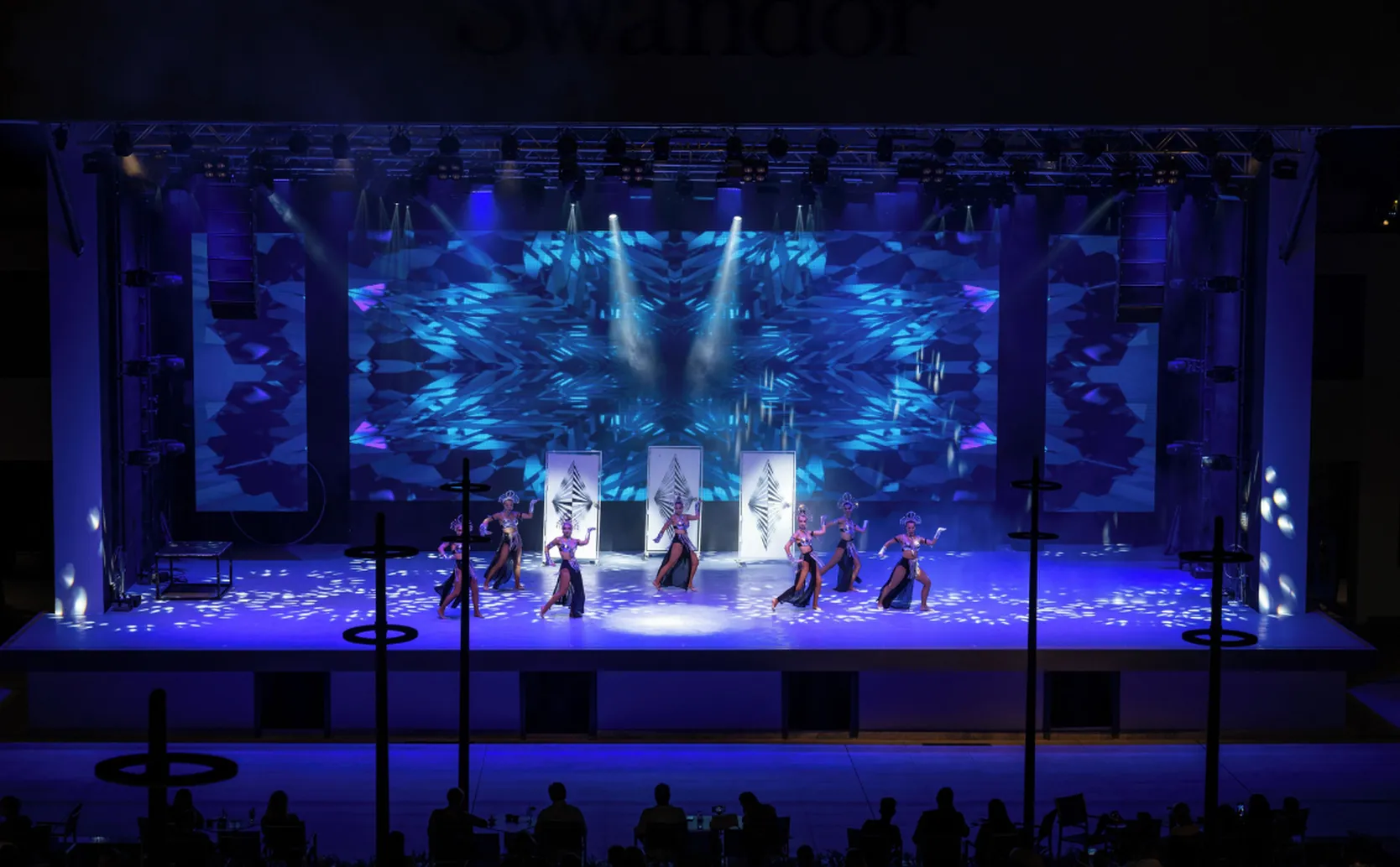 Cameo Light Installation at the Stage of Swandor Hotel in Turkey with Beams and Spotlights lighting up the Stage in blue light