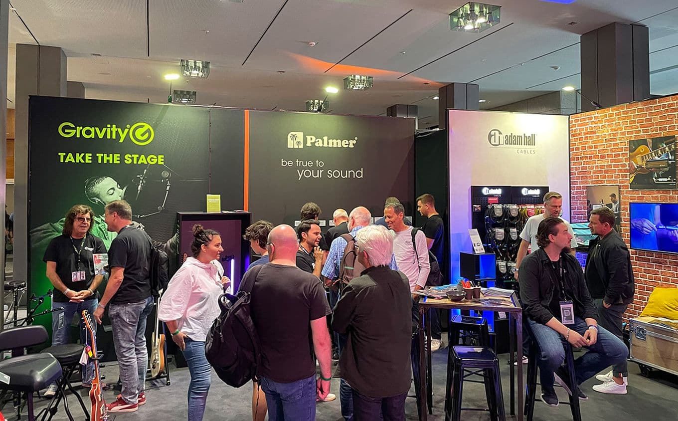 The Adam Hall Group stand at Guitar Summit 2023, showing the Gravity, Palmer and Adam Hall Cables presence.
