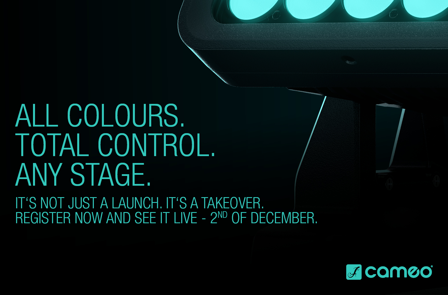 The picture shows the silhouette of a product in a mysterious setting. The text says Cameo plans a digital launch event on 2nd of December to launch a new, secret product