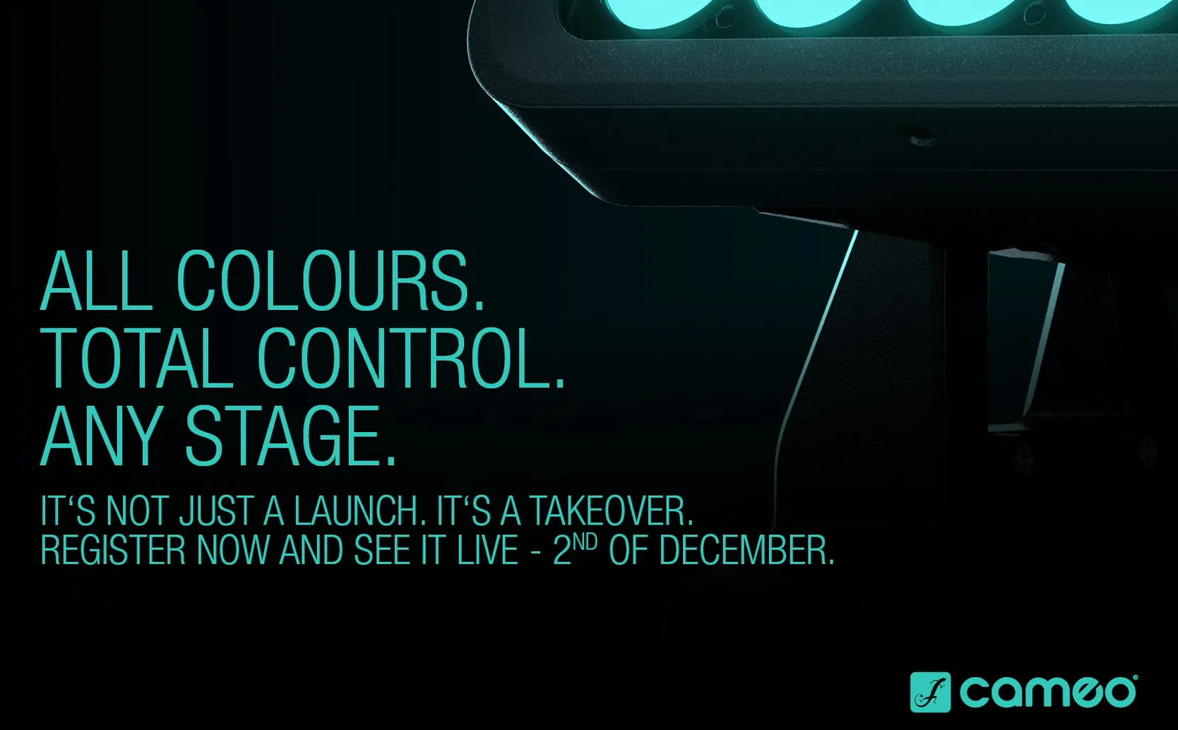 The picture shows the silhouette of a product in a mysterious setting. The text says Cameo plans a digital launch event on 2nd of December to launch a new, secret product