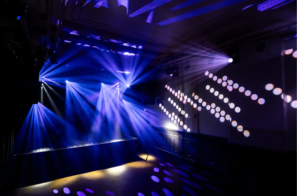 Cameo Light Installation at Upstairs Hall in Paradiso, Amsterdam with beams and gobos projected by AZOR SP2 and AZOR S2 Spot Profile Moving Heads