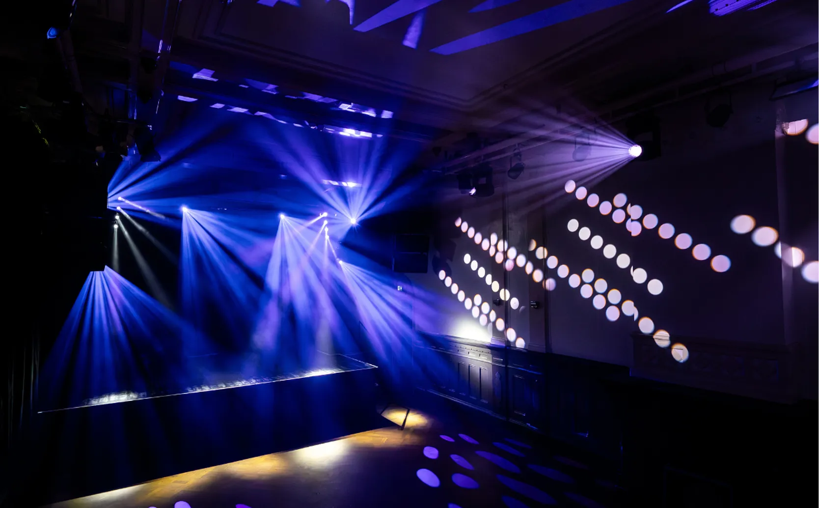 Cameo Light Installation at Upstairs Hall in Paradiso, Amsterdam with beams and gobos projected by AZOR SP2 and AZOR S2 Spot Profile Moving Heads